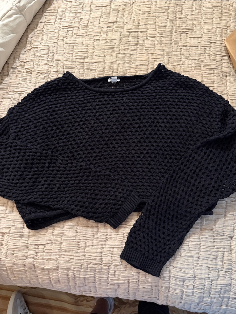 Garage Black Open-Weave Crewneck crop sweater